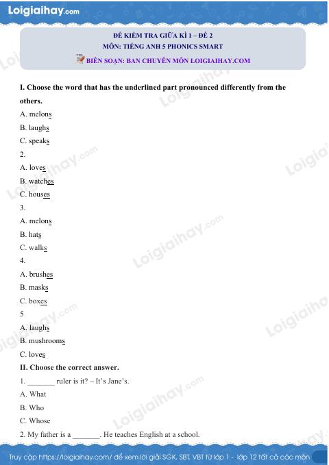 Đề thi giữa kì 1 Tiếng Anh 5 Phonics Smart - Đề số 3